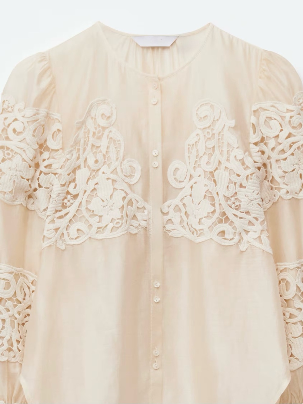 BROADWAY 38 SEMI SHEER PUFF SLEEVE LACE EMBROIDERED BOHO BLOUSE TOP Cream S